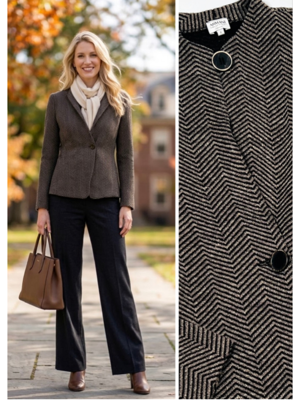 Armani Collezioni Womans Blazer 8 Brown Black Chevron Pattern Wool Blend Academi
